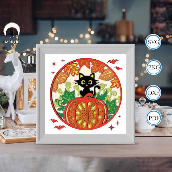 Fall Cat shadow box svg, Cat paper cut light box, shadow box template for Cicut DIY, 3D light box SVG handmade