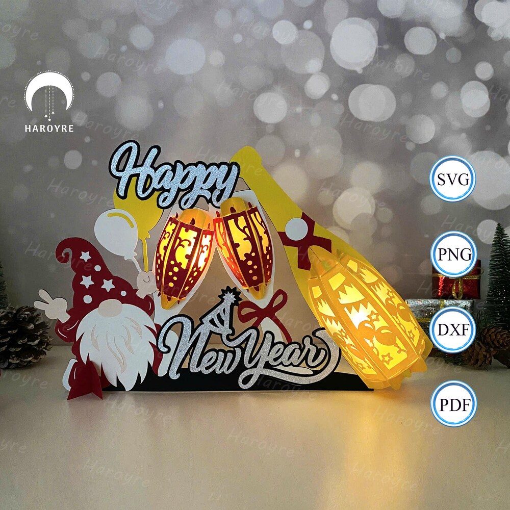 New Year Shadow Box Gnome Champagne New Year Lantern For Home Decoration, Gnome Champagne New Year Lantern Shadow Box Svg For Cricut Projects Diy Paper Shadow Box Svg Men Women Realtorgift