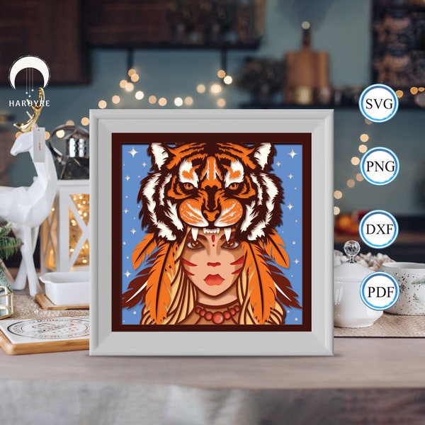 Tiger Girl shadow box svg, Girl paper cut light box, shadow box template for Cicut DIY, 3D light box SVG handmade