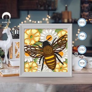 3D abeille et fleurs Shadow Box, pour Silhouette, fichiers pour cricut, papier cartonné Svg, modèle de découpe de papier