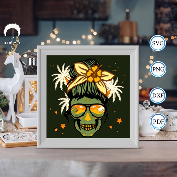 Skull Summer shadow box svg, Halloween paper cut light box, shadow box template for Cicut DIY, 3D light box SVG handmade