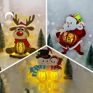 Lot de 3 lanternes de Noël SVG pour projet Cricut DIY, boîte d'ombre de Noël, lampe de Noël lanterne pour décoration d'intérieur