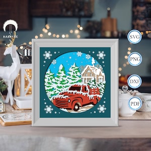 Boîte d'ombre de camion de Noël 3D, pour la Silhouette, des fichiers pour cricut, Svg de papier cartonné, modèle de papier découpé 3