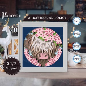 3d Flower Highland Cow Shadow Box, for Silhouette, Files for cricut, Cardstock Svg, Paper Cut Template