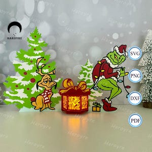 Joyeux Noël boîte cadeau lanterne SVG pour projet Cricut DIY, boîte ombre de Noël, lanterne lampe de Noël pour décoration d'intérieur