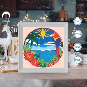 Boîte d'ombre de perroquet tropical 3D, pour la Silhouette, des fichiers pour cricut, Svg de papier cartonné, modèle de coupe de papier
