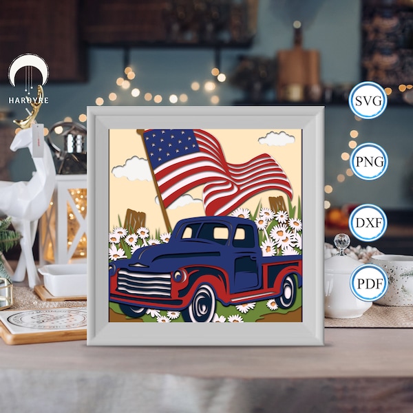 4th Of July Truck shadow box svg, Truck paper cut light box, shadow box template for Cicut DIY, 3D light box SVG handmade