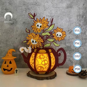 Bouilloire fleurs 4 tournesol crâne lanterne SVG pour projet Cricut bricolage, fleurs 4 ombres portées, lanterne tournesol lampe tête de mort pour décoration d'intérieur