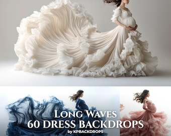 Fondo de maternidad con ondas largas, pared blanca y vestido de tela fluida, superposición para sesión de fotos.