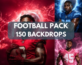 May include: Digital artwork featuring American football players with a football and lightning effects. The image includes the text "FOOTBALL PACK 150 BACKDROPS". The background has red and blue lightning effects.