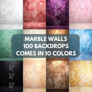 May include: A collage of 10 different marble wall backdrops. The backdrops are in various colors, including white, pink, red, purple, green, blue, black, brown, beige, and gold. The text "MARBLE WALLS 100 BACKDROPS COMES IN 10 COLORS" is displayed in the center of the image.