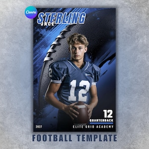 May include: A football template featuring a young man in a blue and white football uniform, holding a football. The design includes the name "STERLING" and the number "12". The words "FOOTBALL TEMPLATE" are at the bottom.