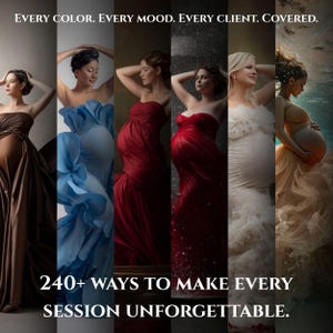 Puede incluir: Un collage de seis vestidos de maternidad en marr&oacute;n, azul, rojo, rojo oscuro, blanco y beige. El texto dice: EVERY COLOR. EVERY MOOD. EVERY CLIENT. COVERED. 240+ WAYS TO MAKE EVERY SESSION UNFORGETTABLE. Cada vestido presenta un corpi&ntilde;o sin tirantes.