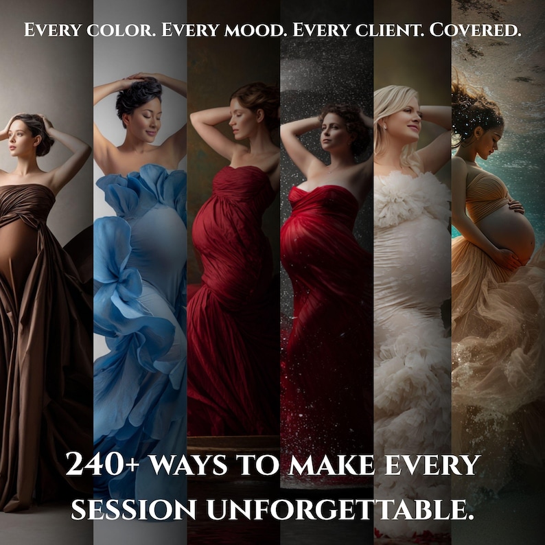 Puede incluir: Un collage de seis vestidos de maternidad en marr&oacute;n, azul, rojo, rojo oscuro, blanco y beige. El texto dice: EVERY COLOR. EVERY MOOD. EVERY CLIENT. COVERED. 240+ WAYS TO MAKE EVERY SESSION UNFORGETTABLE. Cada vestido presenta un corpi&ntilde;o sin tirantes.
