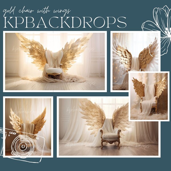 Gold Chair with Angel Wings Backdrop, Maternity Digital Background, Wings Photography Composites, Studio Photoshop Prop Overlay