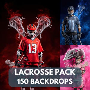May include: A composite image featuring lacrosse players in action. One player wears a red jersey with the number 13. The image includes the text "LACROSSE PACK 150 BACKDROPS". Other players are in blue and pink uniforms, with lacrosse sticks and helmets.