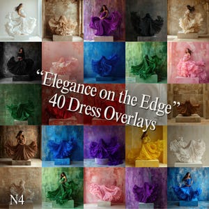 Può includere: Un collage di 40 immagini che mostrano diversi sovrapposizioni di abiti in vari colori e stili. Il testo "Elegance on the Edge" e "40 Dress Overlays" è visualizzato sull'immagine.