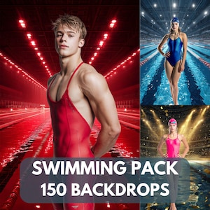 May include: A composite image featuring a swimmer in a red swimsuit against a red background, and two other swimmers in a blue and pink swimsuit, respectively. The text "SWIMMING PACK 150 BACKDROPS" is displayed at the bottom.
