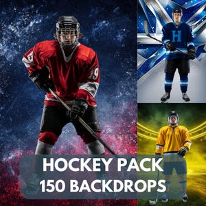 May include: Image features three hockey players in action, each wearing a helmet and jersey. The main image shows a player in a red jersey with the number 19. The text "HOCKEY PACK 150 BACKDROPS" is displayed at the bottom.