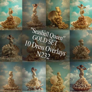 Könnte beinhalten: Eine Collage von zehn Bildern mit Umstandskleid-Overlays. Die Kleider sind gold- und beigefarben und sollen an Muscheln erinnern. Der Text "Seashell Queen" GOLD SET 10 Dress Overlays N232" ist in der Mitte des Bildes zu sehen.
