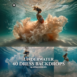 Puede incluir: Una colección de fondos de fotografía digital que presentan escenas submarinas con personas vistiendo vestidos fluidos. Las imágenes muestran varios colores y estilos, con el texto superpuesto UNDERWATER 40 DRESS BACKDROPS by KPBACKDROPS.