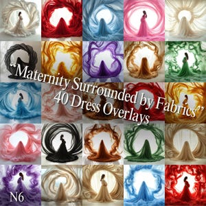 Pode incluir: Uma colagem de 40 imagens com uma pessoa grávida em uma variedade de vestidos, cada um cercado por tecido fluido em diferentes cores. O texto "Maternity Surrounded by Fabrics" e "40 Dress Overlays" é exibido na imagem.