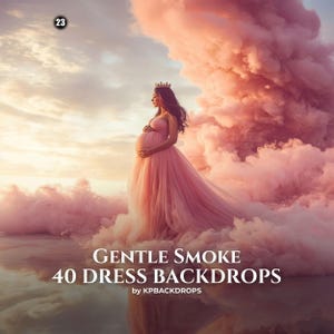 May include: A digital backdrop featuring a pregnant figure wearing a long pink gown and a crown, surrounded by voluminous pink smoke clouds against a sunset sky. The text reads: 23 GENTLE SMOKE 40 DRESS BACKDROPS by KPBACKDROPS.