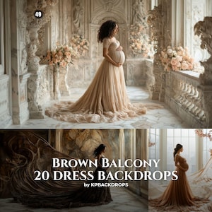 May include: A digital photography backdrop set featuring a collection of 20 images titled Brown Balcony 20 Dress Backdrops by KPBACKDROPS. The scenes display a person in a long beige gown standing on a balcony with ornate stone architecture.