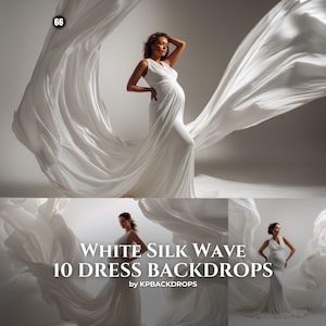 May include: A white sleeveless maternity dress with a long, flowing skirt that billows out in large, dramatic waves. The text "66", "WHITE SILK WAVE 10 DRESS BACKDROPS", and "by KPBACKDROPS" is visible on the image, showcasing the dress design.