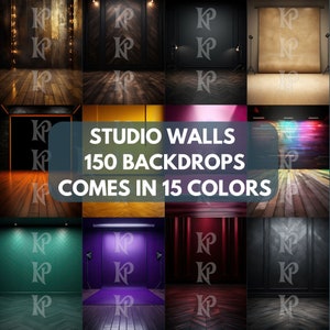 May include: A collection of 150 studio wall backdrops in 15 different colors. The backdrops are shown in a variety of settings, including a brick wall, a wooden floor, and a plain white wall.