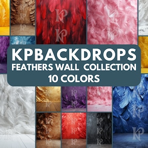 May include: A collection of 10 feather backdrop backgrounds in various colors, including yellow, red, pink, purple, white, gold, brown, blue, black, and red.  KPBackdrops Feathers Wall Collection 10 Colors.
