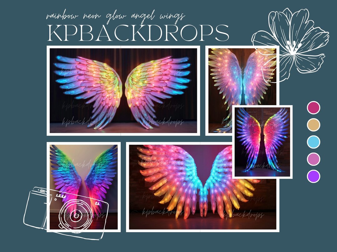 Rainbow Neon Glow Angel Wings Backdrop Maternity Digital - Etsy