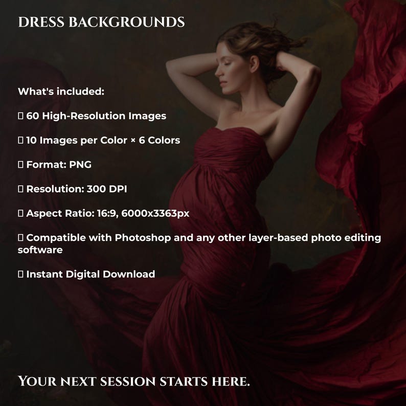Puede incluir: Un listado de producto digital titulado DRESS BACKGROUNDS con una persona en un vestido rojo oscuro sin tirantes. Los detalles incluyen: 60 im&aacute;genes de alta resoluci&oacute;n, 10 im&aacute;genes por color, formato PNG, 300 DPI, relaci&oacute;n 16:9, 6000x3363px y compatibilidad de software.