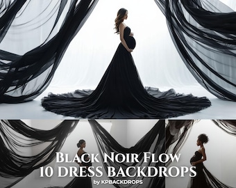 Vestido de maternidad con telas negras. Fondo: Superposición de fondo digital Noir Flow.