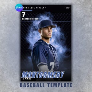 Puede incluir: Plantilla de béisbol con un joven en uniforme y gorra de béisbol azul marino. El diseño incluye el texto "7 Center Fielder" y el nombre "Montgomery" en negrita, en azul. El fondo tiene un efecto ahumado.