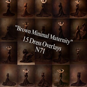 May include: A collage of brown maternity dresses with flowing fabric, displayed against a textured brown backdrop. The image includes the text "Brown Minimal Maternity 15 Dress Overlays N71". The dresses are designed for maternity photoshoots.