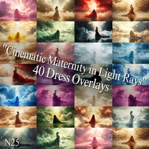 Op de afbeelding: Een collage van 20 afbeeldingen met vrouwen in vloeiende zwangerschapsjurken, tegen een achtergrond van dramatische luchten en lichtstralen. De tekst "Cinematic Maternity in Light Rays" en "40 Dress Overlays" is zichtbaar.