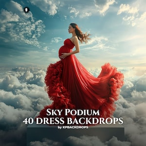 May include: A digital backdrop featuring a pregnant person in a vibrant red strapless gown with a voluminous ruffled skirt, standing on a white podium above clouds. Text reads: 9, SKY PODIUM, 40 DRESS BACKDROPS, by KPBACKDROPS.