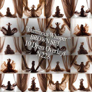 Può includere: Set di sovrapposizioni di abiti marroni "Luminous Whisper". L'immagine mostra 10 diverse sovrapposizioni di abiti marroni con tessuto fluente. Il testo sull'immagine recita "Luminous Whisper BROWN SET 10 Dress Overlays N228."