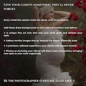 Puede incluir: Un anuncio digital con una persona embarazada con un vestido blanco de volantes entre rosas rojas. El texto dice: GIVE YOUR CLIENTS SOMETHING THEY'LL NEVER FORGET. Every maternity session looks the same, until yours doesn't. BE THE PHOTOGRAPHER EVERYONE TALKS ABOUT.