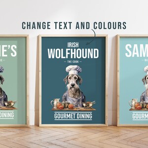 Any Colour - Irish Wolfhound in kitchen poster - Irish Wolfhound poster - Custom text print - Personalised print - Pet Art