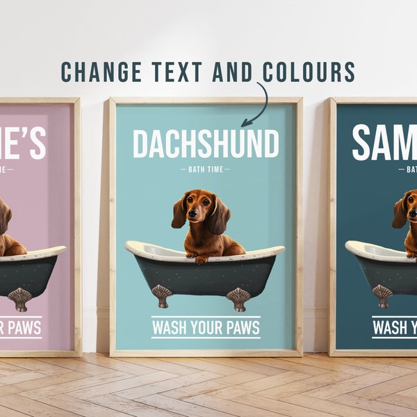 Dachshund in bath poster - Dachshund poster - Custom text print - Personalised print - Pet Art