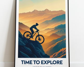 Any colour - Mountain Biking Print - Time to explore, Mountain Bike Adventure poster - Travel Poster - Personalisation