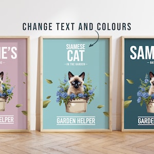 Any colour - Siamese Cat in garden poster -  Siamese Cat poster -  Siamese Cat Custom text print - Personalised print - Pet Art
