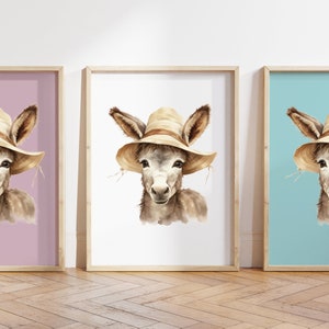 Cualquier color - Bebé burro en sombrero impresión - cartel de burro bebé - impresión animal bebé - cartel de animales bebé - arte infantil - arte animal - cualquier tamaño