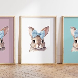 Cualquier color, Impresión de conejito con lazo, Póster de conejito, Impresión de animal bebé, Póster de animal bebé, Arte de guardería, Arte animal, Cualquier tamaño