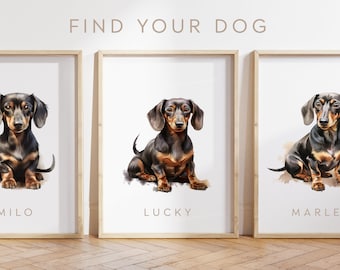 Any Colour - Miniature Smooth Haired Dachshund Dog - Sausage Dog poster - Custom text print - Personalised print - Pet Art - Watercolour Art