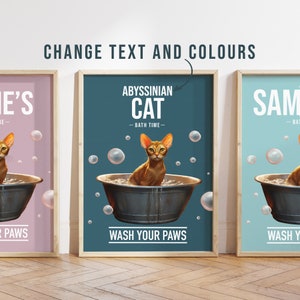 Any colour - Abyssinian cat in bath poster -  Abyssinian cat poster -  Abyssinian cat Custom text print - Personalised print - Pet Art