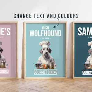 Any Colour - Irish Wolfhound in kitchen poster - Irish Wolfhound poster - Custom text print - Personalised print - Pet Art