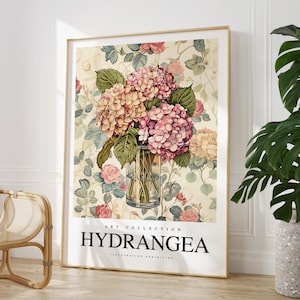 Cualquier color - Impresión de flores de hortensia en jarrón - Póster de hortensias - Arte de hortensias - Impresión vintage - Cualquier tamaño
